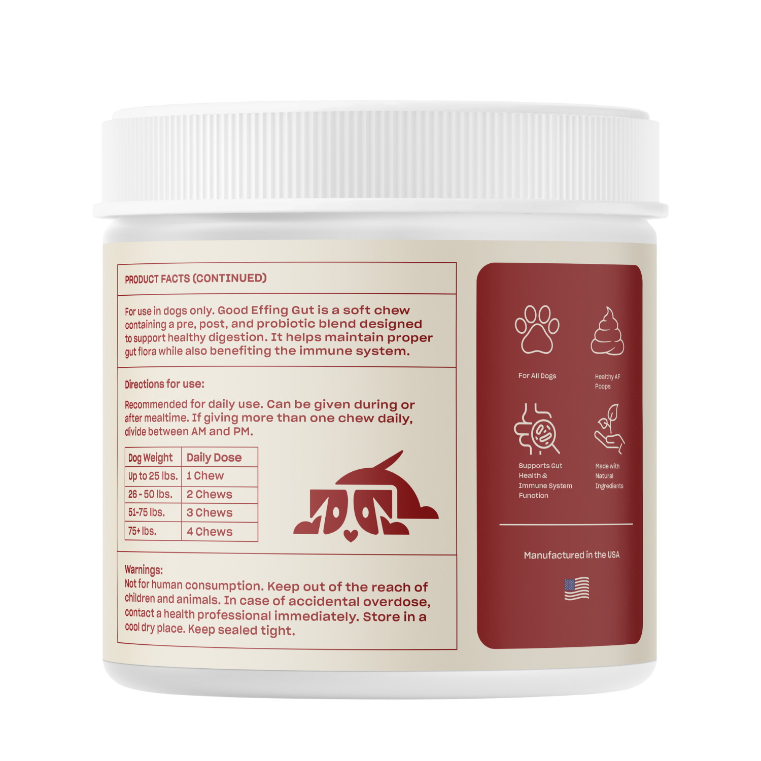 Container of Good Effing Gut supplement with detailed label text and icons on the side panel.
