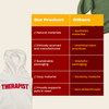White hoodie with 'THERAPIST' in red and a comparison chart listing natural materials, ethical sourcing, sustainable packaging, cozy material, and pet support versus synthetic, unethical, wasteful, scratchy, and non-philanthropic alternatives. 
