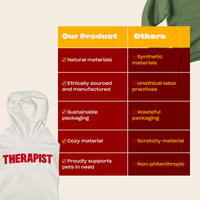 White hoodie with 'THERAPIST' in red and a comparison chart listing natural materials, ethical sourcing, sustainable packaging, cozy material, and pet support versus synthetic, unethical, wasteful, scratchy, and non-philanthropic alternatives. 