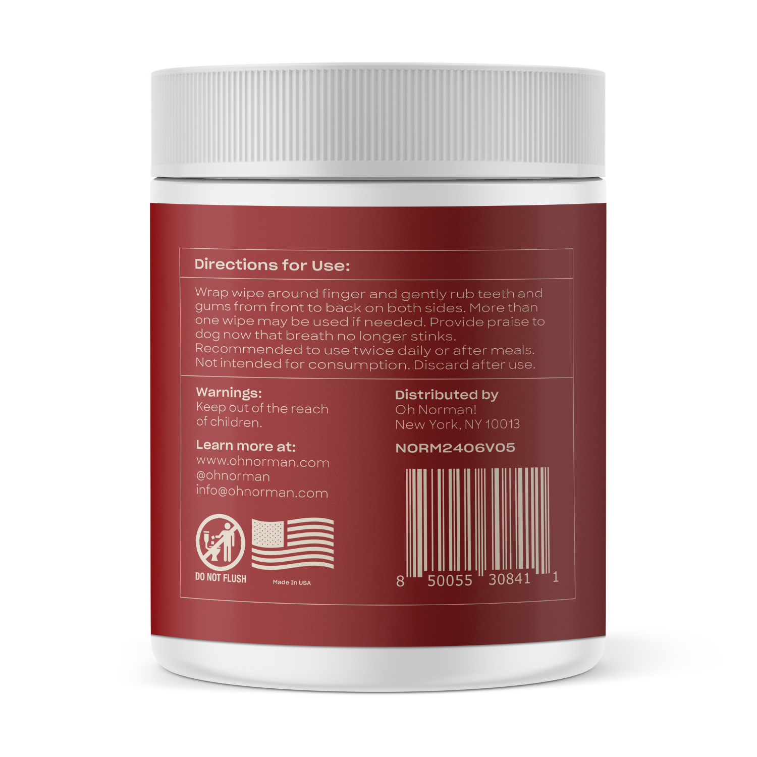 Container of breath freshening wipes with directions, warnings, and distributor information on the label.