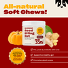 Promotional banner showing Good Effing Gut dog probiotic jar and headline 'All-natural Soft Chews!', plus badge and three benefits