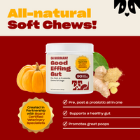Promotional banner showing Good Effing Gut dog probiotic jar and headline 'All-natural Soft Chews!', plus badge and three benefits