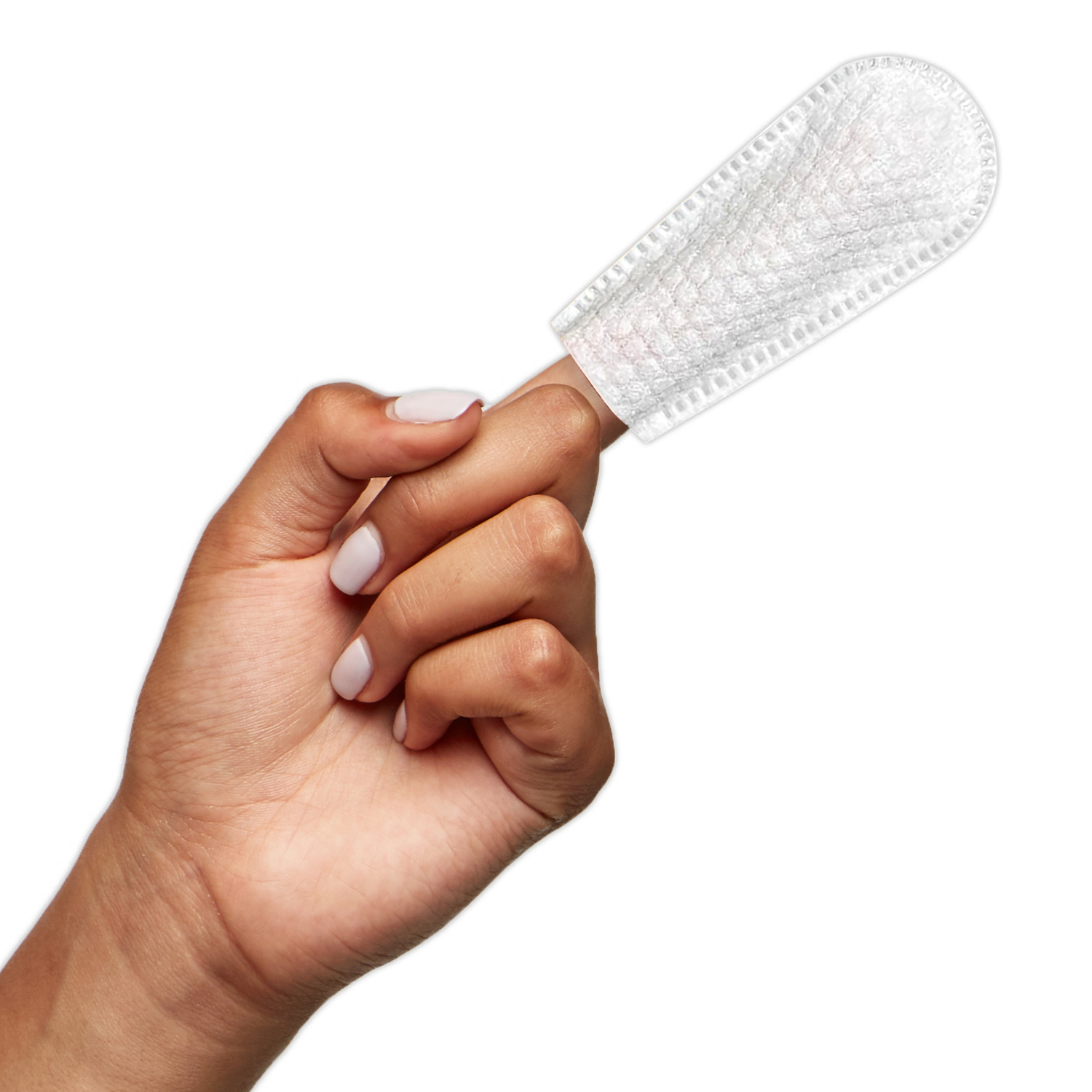 Hand with a white textured finger cot covering the index finger against a white background