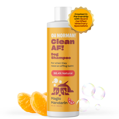OH NORMAN! Clean AF! Dog shampoo, Magic Mandarin, 98.4% Natural. Badge: Board Certified Veterinary Specialists