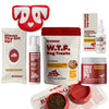Collection of dog care products including W.T.F. Dog Treats, Fresh & Foamy cleanser, Clean The Eff Up! wipes, Calm the Eff Down! supplement, and dental wipes.