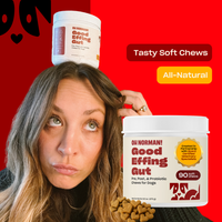 Actress Kaley Cuoco balancing Good Effing Gut jar on head with product jar and chews on red background, overlay reads Tasty Soft Chews