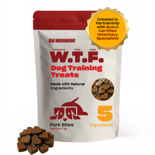 W.T.F. Dog Training Treats pork bites package with 5 ingredients and veterinary specialists badge
