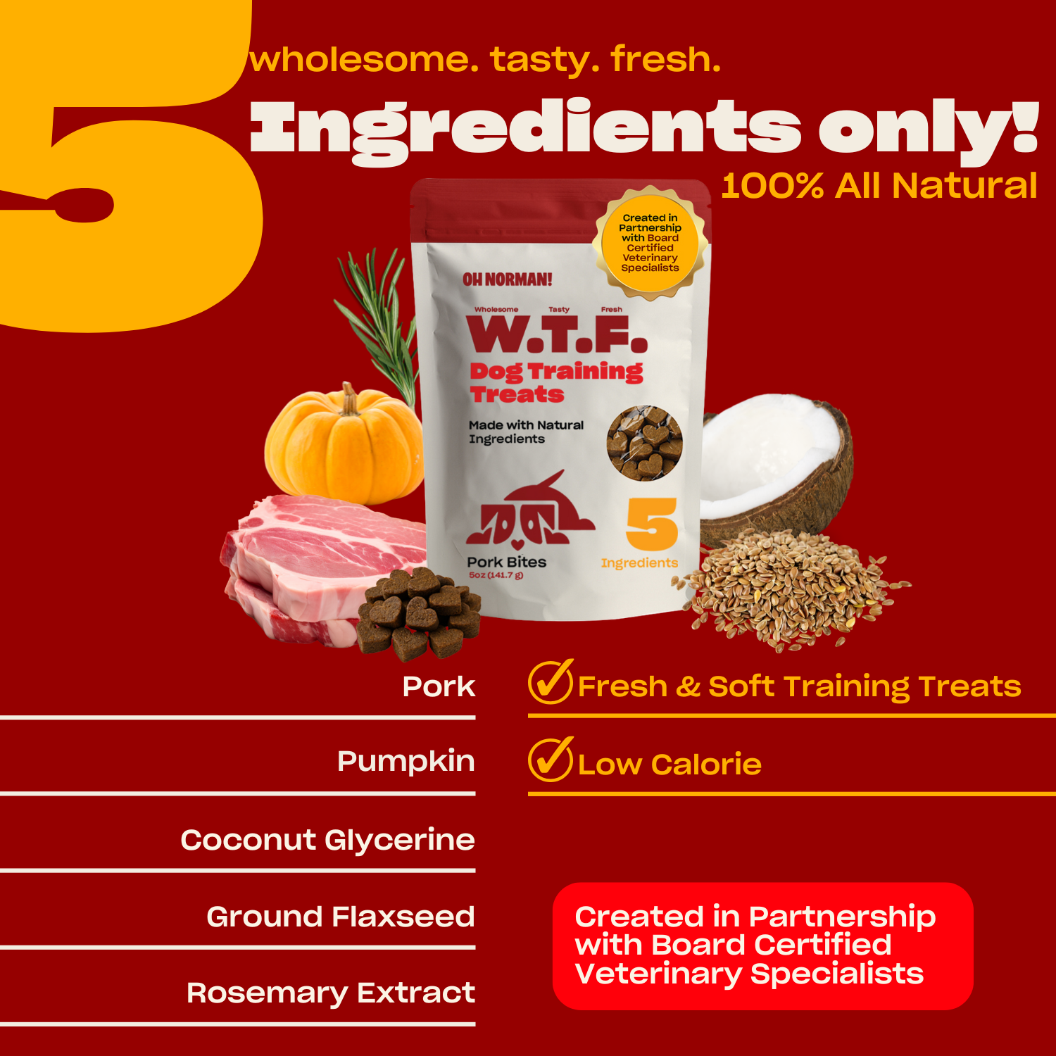 WTF Dog Training Treats package with text '5 Ingredients only! 100% All Natural' and ingredient list - Pork, Pumpkin, Coconut Glycerine, Ground Flaxseed and Rosemary Extract. 