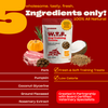 WTF Dog Training Treats package with text '5 Ingredients only! 100% All Natural' and ingredient list - Pork, Pumpkin, Coconut Glycerine, Ground Flaxseed and Rosemary Extract. 