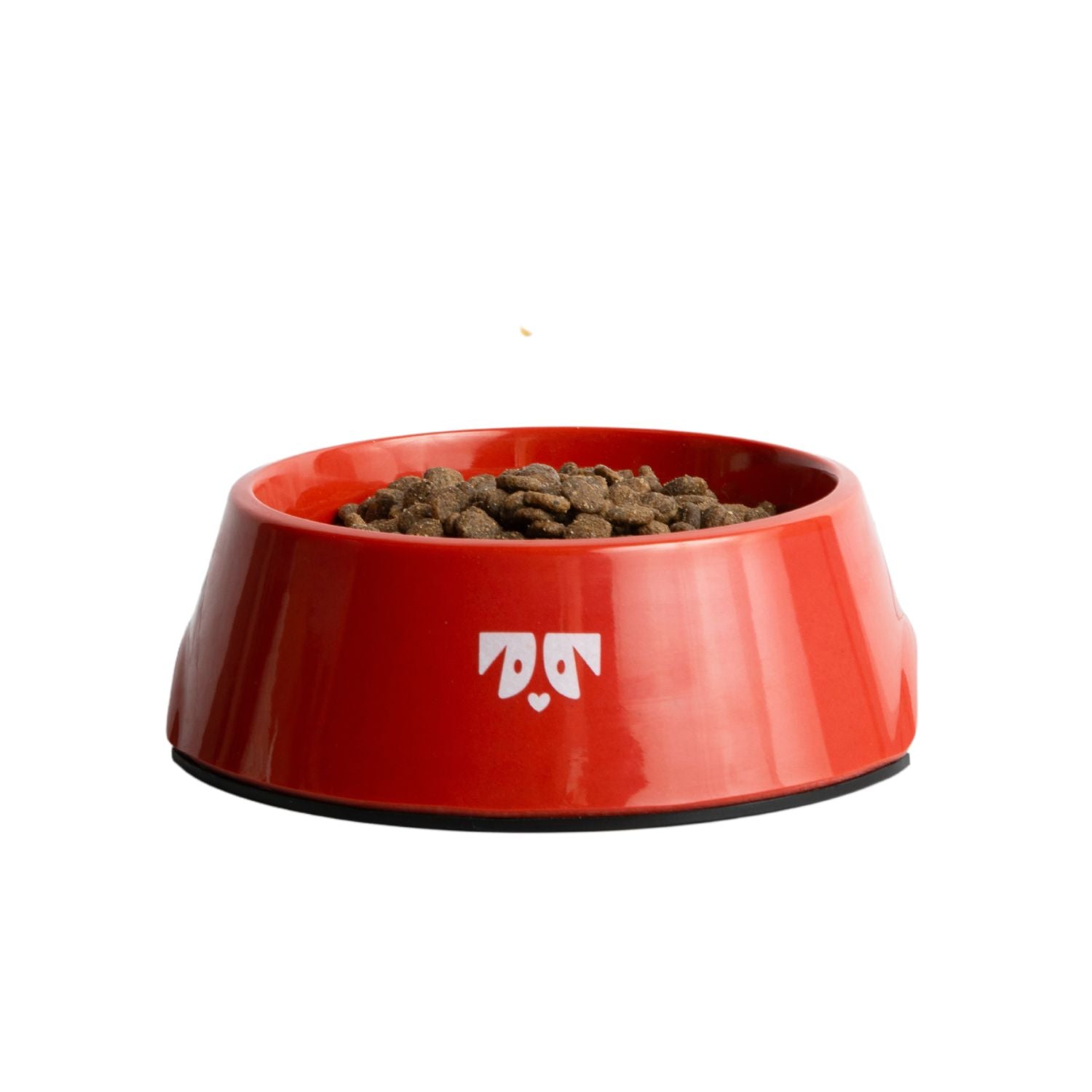 Red pet food bowl with white paw print, size small
