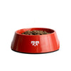 Red pet food bowl with white paw print, size small