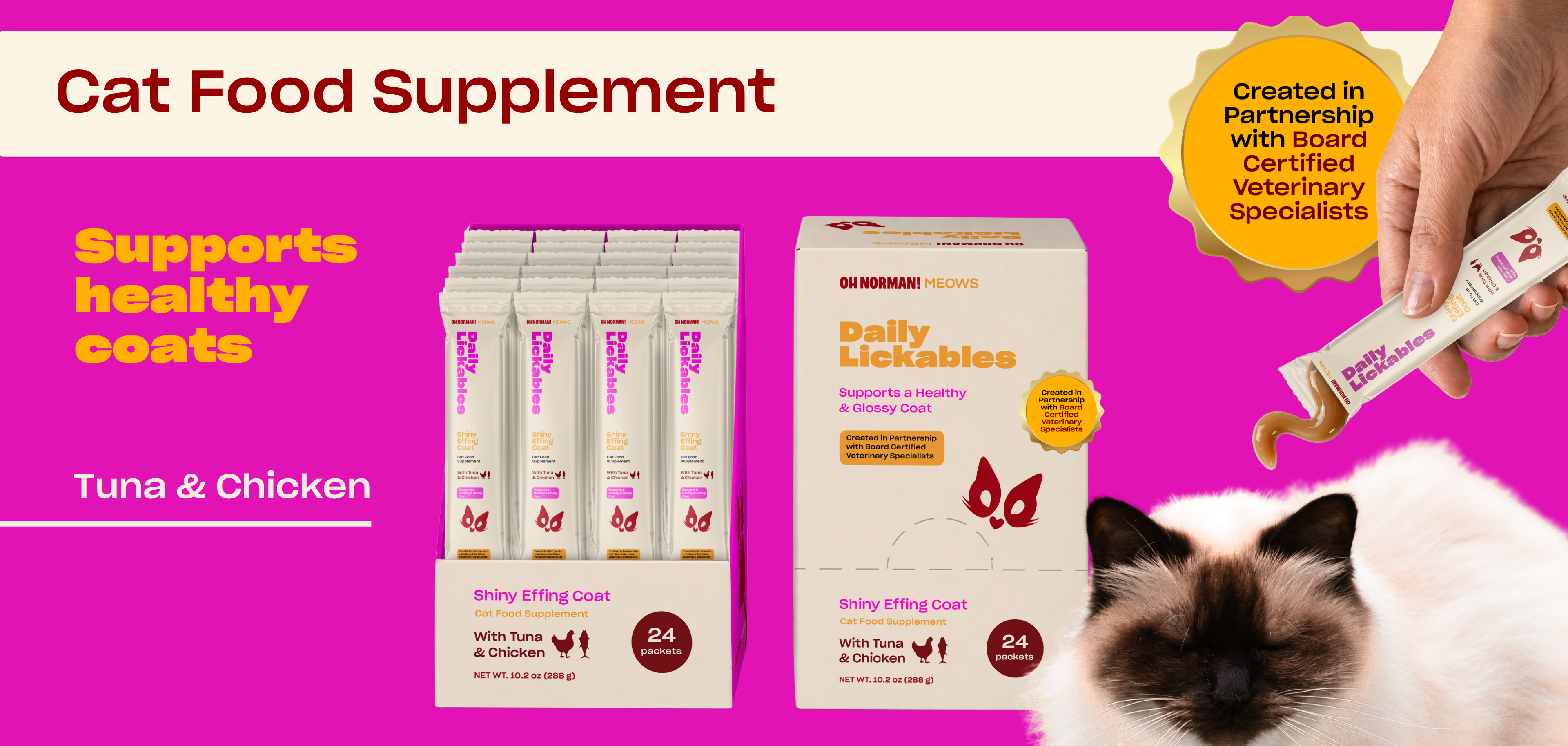 Front view of Shiny Effing Coat box, packets, and squeeze tube for cat on pink background showing text Supports healthy coats