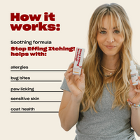Actress Kaley Cuoco holding Stop Effing Itching! bottles with How it works headline and list of soothing benefits for allergies and skin