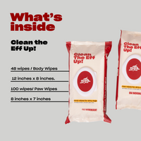 Two packages of Clean The Eff Up! body wipes for dirty dogs, showing text: "Clean The Eff Up!", "Body wipes for dirty dogs", "48 wipes, 30.5cm x 20.3cm (12in x 8in)", and "OH NORMAN!"