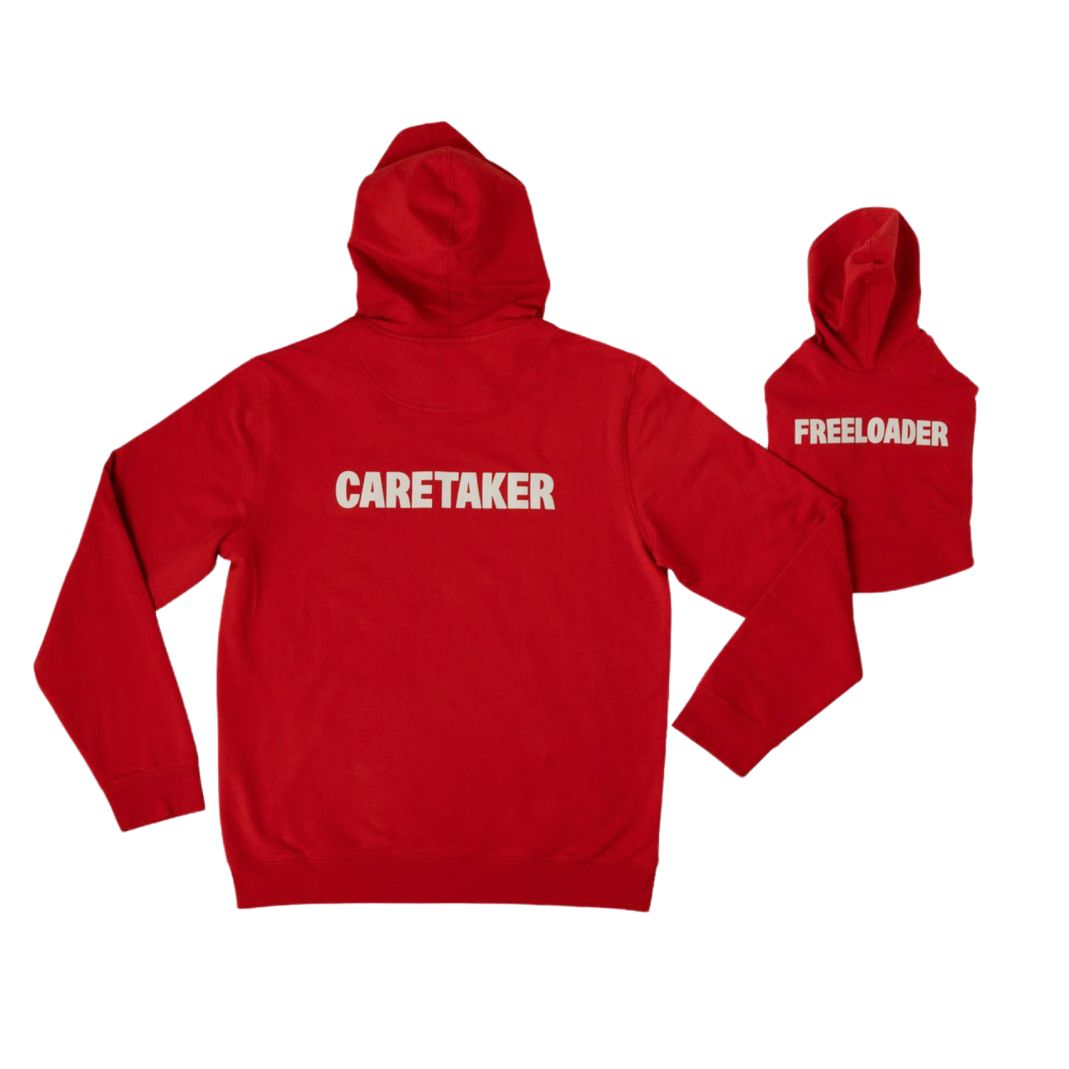 Red adult hoodie with 'CARETAKER' text on the back and red dog hoodie with 'FREELOADER' text on the back