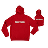 Red adult hoodie with 'CARETAKER' text on the back and red dog hoodie with 'FREELOADER' text on the back