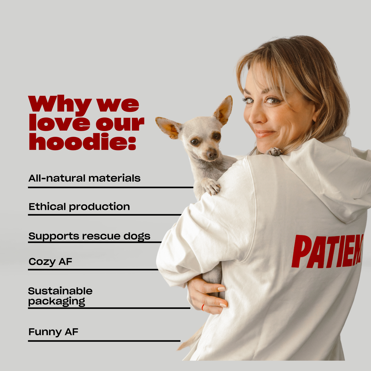 Kaley Cuoco wearing a white hoodie with text 'Why we love our hot adult kids' and a list of reasons including 'Emotional protection' and 'Security'.