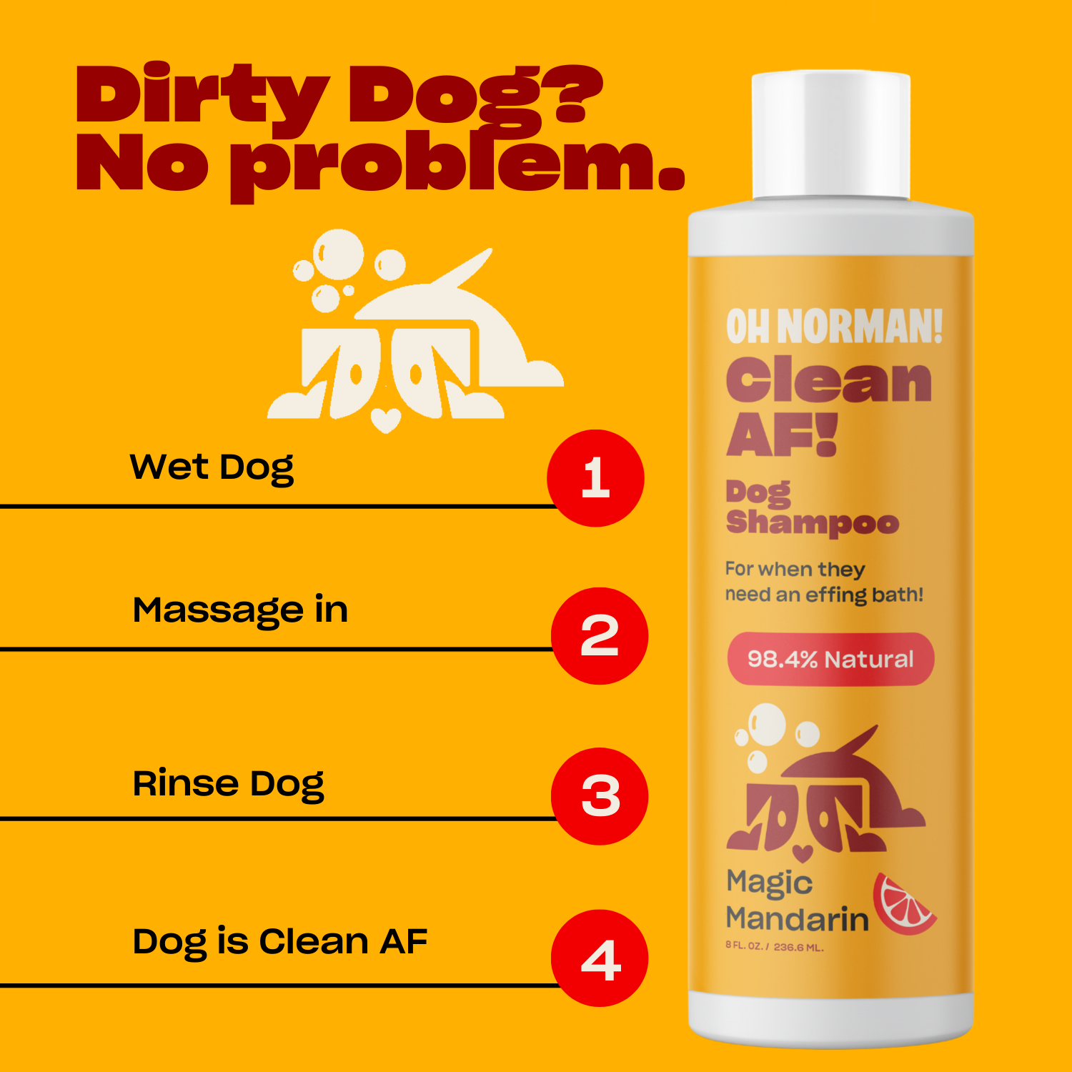 Shampoo bottle labeled OH NORMAN! clean AF! Dog Shampoo; steps: Wet Dog, Massage in, Rinse Dog, Dog is Clean AF