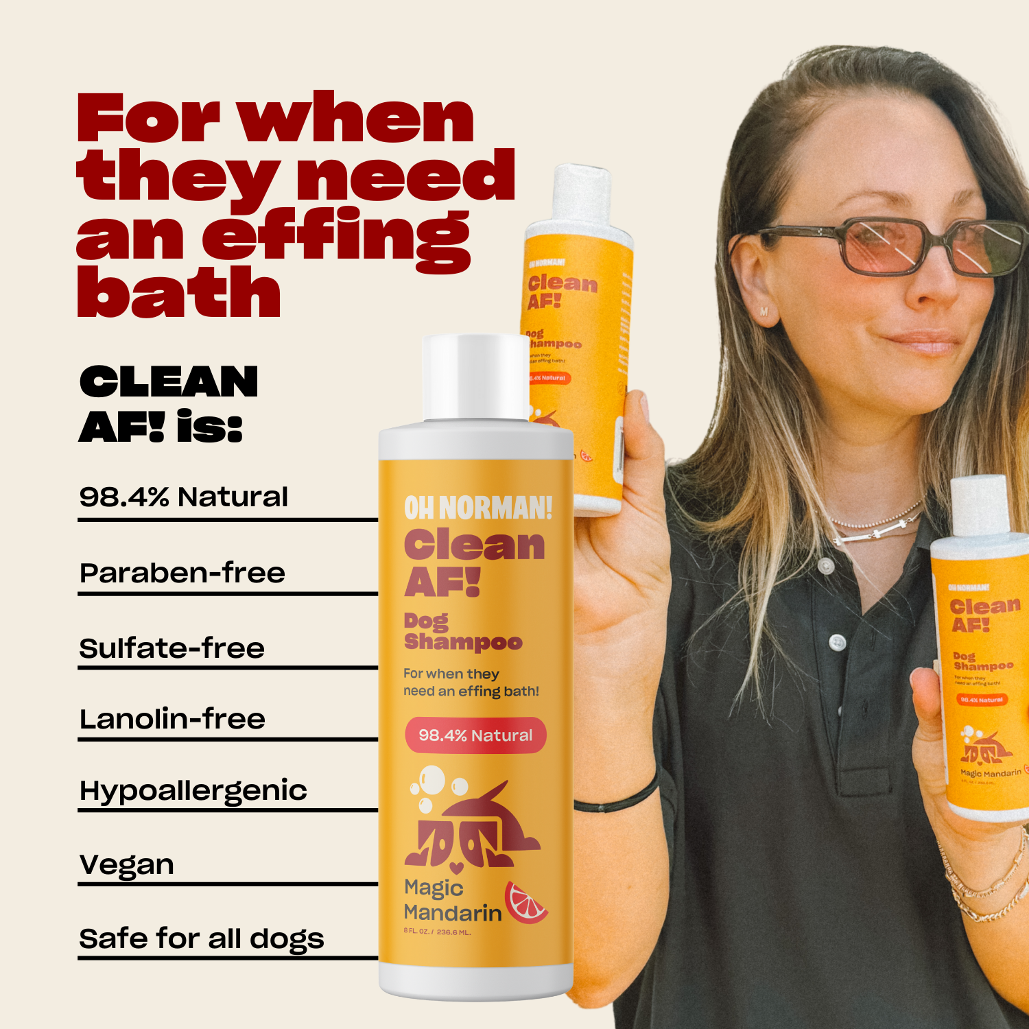 CLEAN AF body wash bottle held by smiling woman; benefits list shown beside the bottle