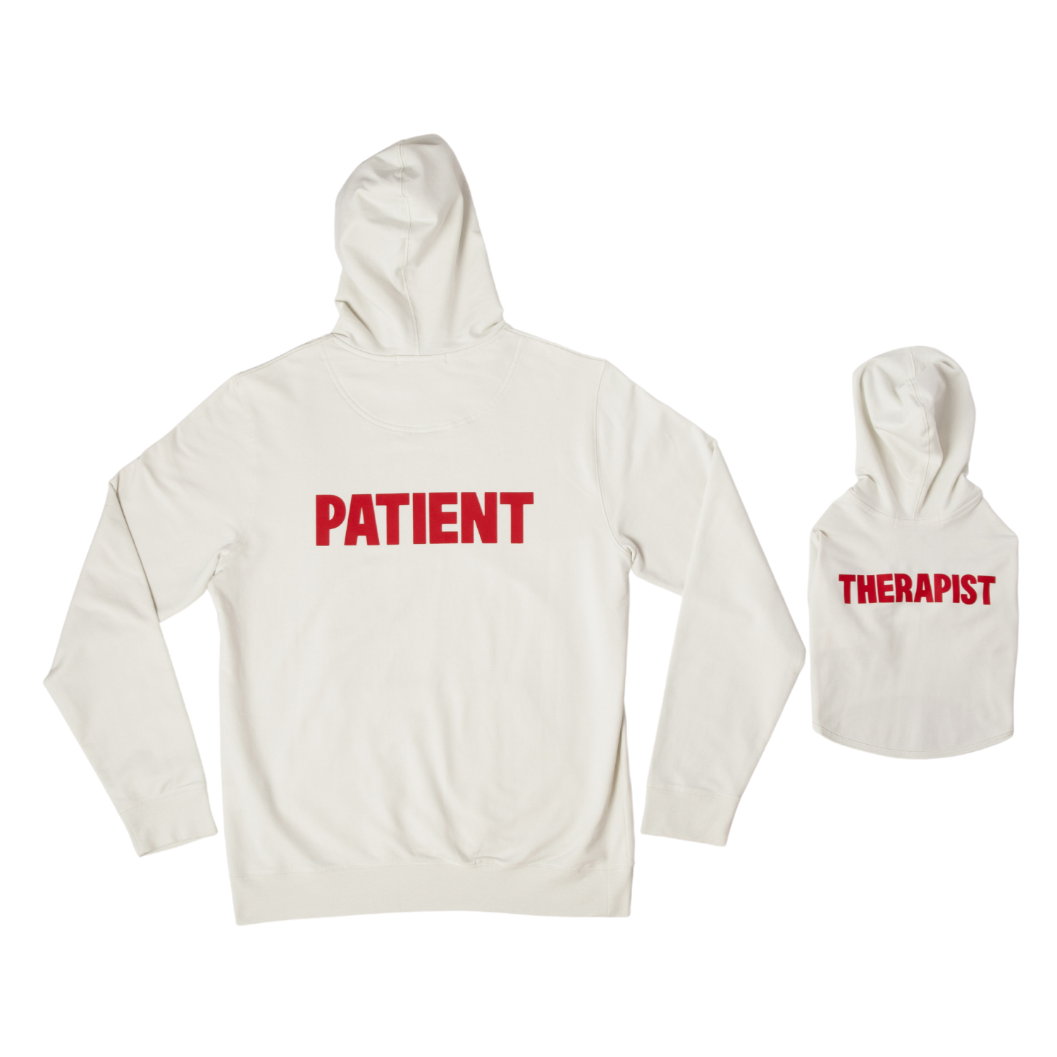 Hoodie with 'PATIENT' on back and 'THERAPIST' on hood in red text