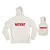 Hoodie with 'PATIENT' on back and 'THERAPIST' on hood in red text