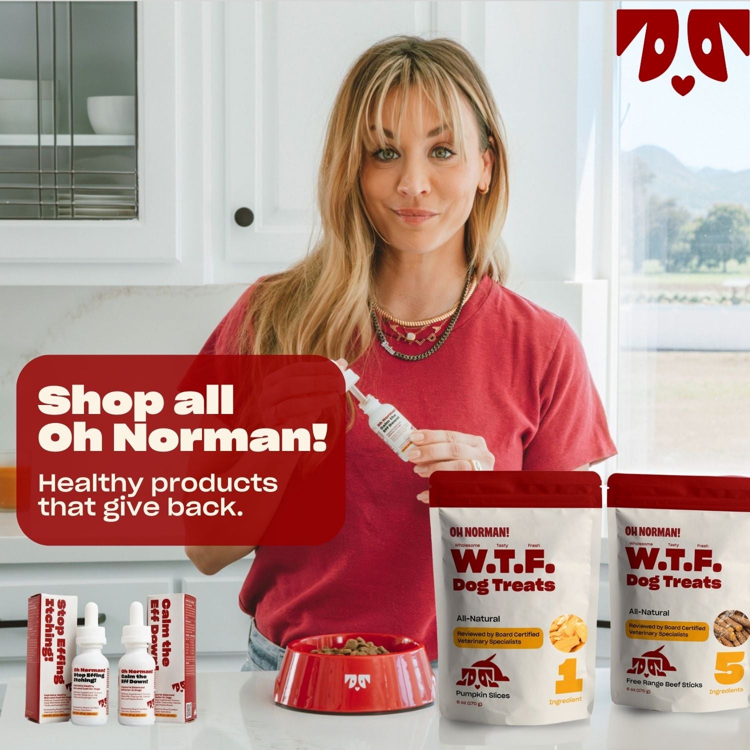 Woman holding a bag of WTF Treats Free Range Beef Jerky, with text 'Shop all Oh Nomsant' and 'Free Range Beef Jerky' visible on product packaging.