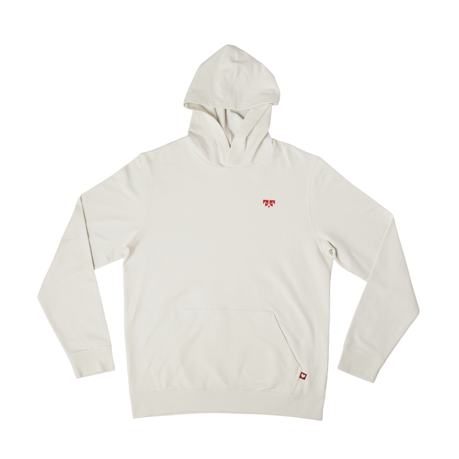 Off-white hoodie with a small red logo on the chest and a front pocket
