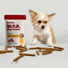 W.T.F. Dog Treats pouch of free range beef sticks with resealable red top, scattered sticks and small tan and white dog