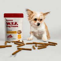 W.T.F. Dog Treats pouch of free range beef sticks with resealable red top, scattered sticks and small tan and white dog