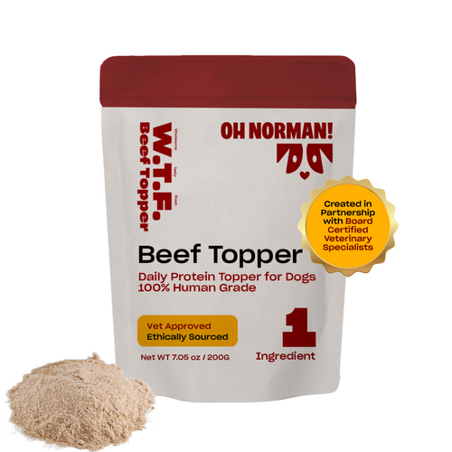 Package of OH NORMAN! WTF Beef Topper, daily protein topper for dogs, 100% human grade, vet approved, ethically sourced, 1 ingredient