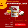 Promotional graphic showing '5 Ingredients only!' headline and W.T.F. Dog Treats bag; lists five ingredients and calls out fresh, soft, easy-to-chew, vet certified