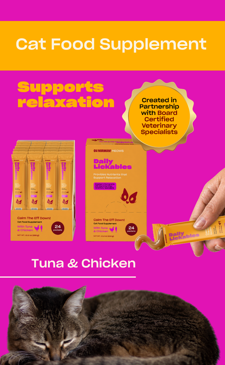 Banner showing Daily Lickables cat supplement, headline ‘Supports relaxation’, flavor Tuna & Chicken, hand squeezing sachet