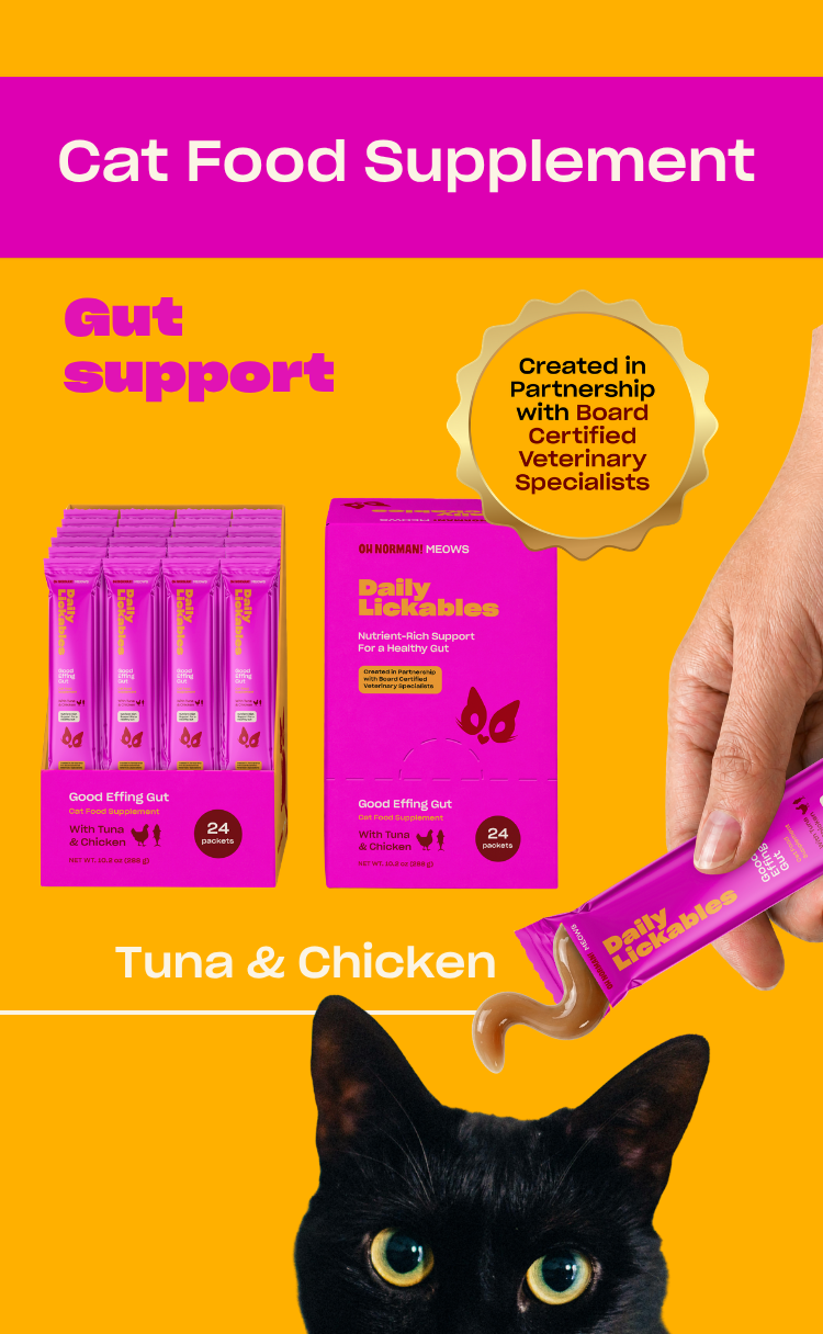 Promotional banner showing Daily Lickables cat supplement box and pouch, headline ‘Cat Food Supplement’, ‘Tuna & Chicken’