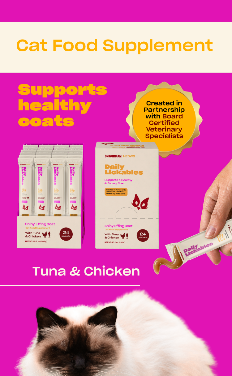 Promotional banner showing Cat Food Supplement and Supports healthy coats headlines, tuna and chicken packets, vet badge