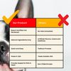 Comparison table showing 'Our Product' vs 'Others' with vet-reviewed, natural ingredients, quick and easy use, made in USA, supports pets