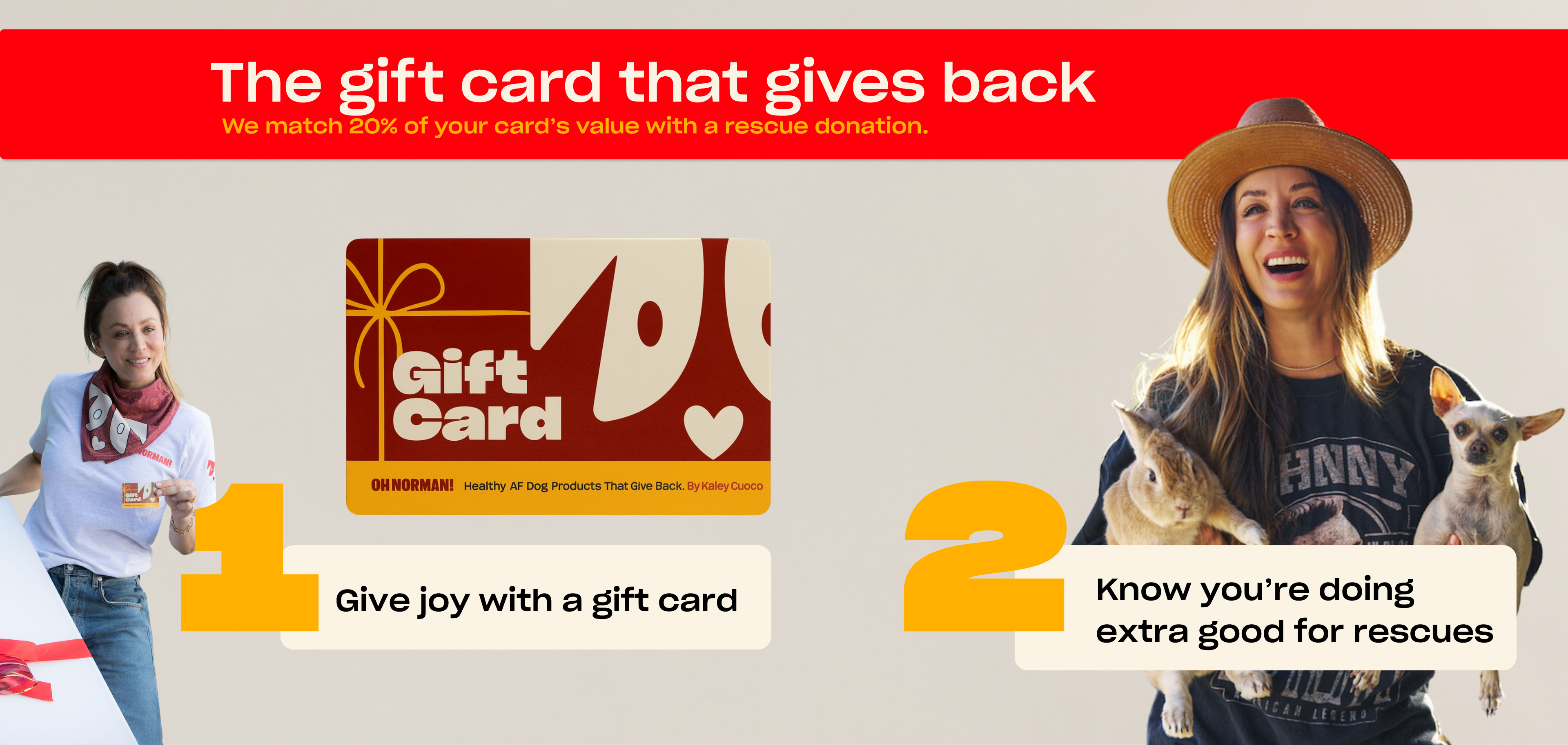 Banner reading ‘The gift card that gives back’ and ‘We match 20% of your card’s value’, showing a gift card image and women holding pets