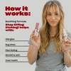 Actress Kaley Cuoco holding Stop Effing Itching! bottle and box; overlay 'How it works' lists uses including allergies and bug bites