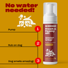 Right view of Fresh & Foamy AF waterless cleanser bottle showing pump and No water needed! headline on mustard background