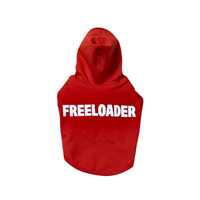 Back view of Freeloader dog hoodie showcasing white FREELOADER text on red fabric with white background