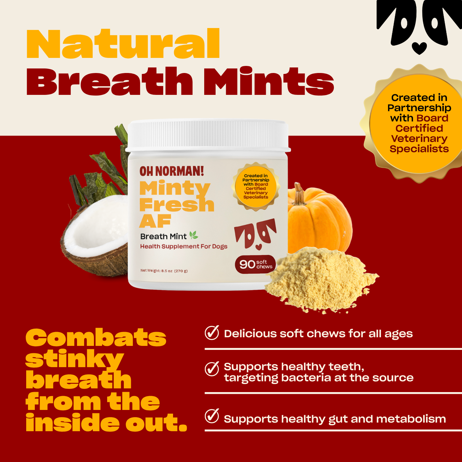Promotional graphic: 'Natural Breath Mints' with Minty Fresh AF jar; soft chews fight bad breath, support teeth and gut