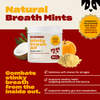 Promotional graphic: 'Natural Breath Mints' with Minty Fresh AF jar; soft chews fight bad breath, support teeth and gut