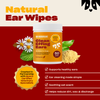 Front of Clean Effing Ears jar showing label, 50-count badge, vet partnership seal, chamomile and oat artwork on red background