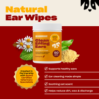 Front of Clean Effing Ears jar showing label, 50-count badge, vet partnership seal, chamomile and oat artwork on red background
