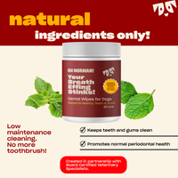 Product graphic showing 'Your Breath Effing Stinks!' dental wipes under headline 'natural ingredients only!' keeping teeth and gums clean