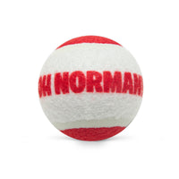 Front view of Fetch Me recycled tennis ball showcasing red and white color and OH NORMAN branding on white background