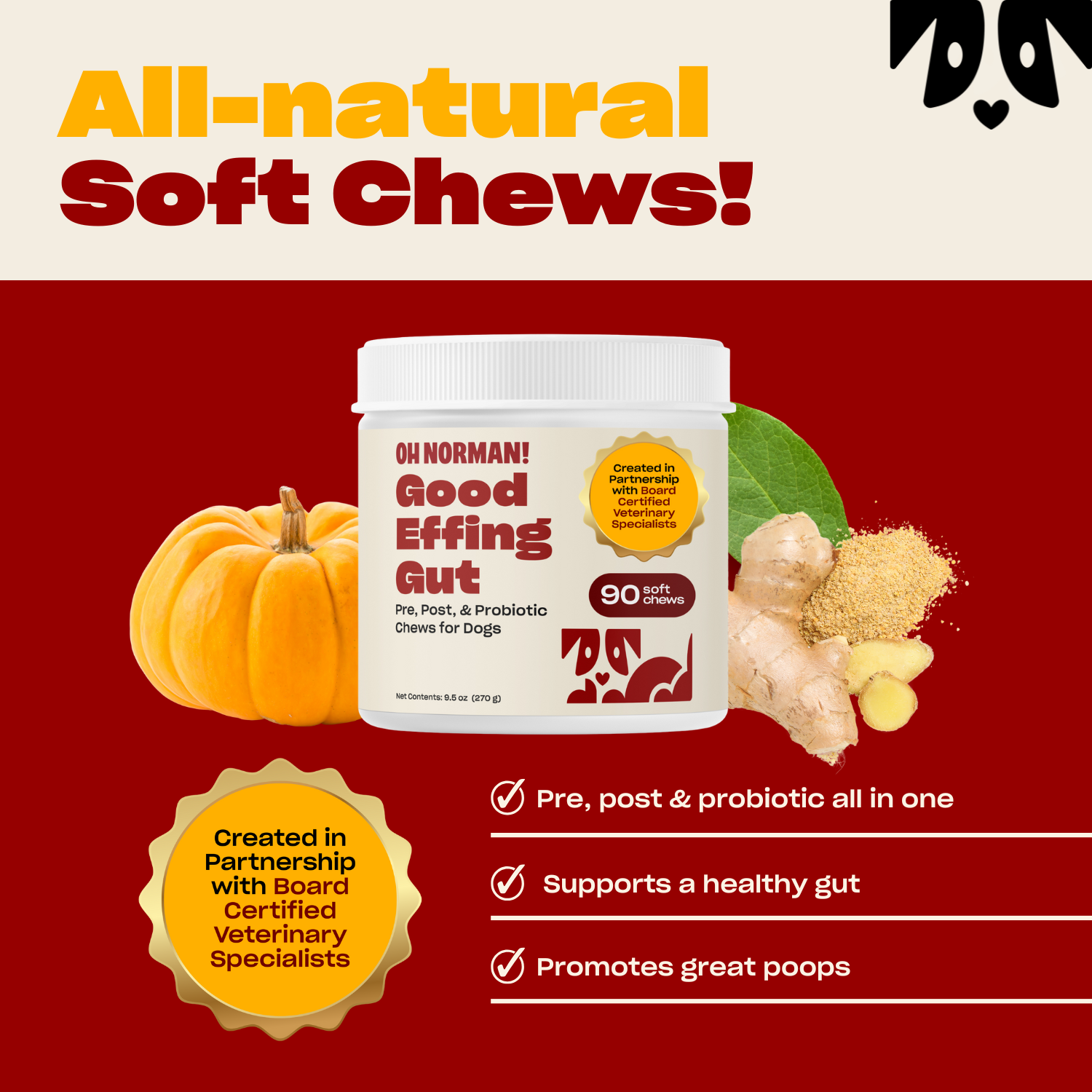 Graphic showing Good Effing Gut jar with headline All‑natural Soft Chews and text: probiotic gut support, promotes great poops