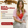 Promotional graphic showing Soft and Easy-to-Chew Treats for puppies, seniors, and all dogs, ethically, sustainably packaged next to picture of actress Kaley Cuoco
