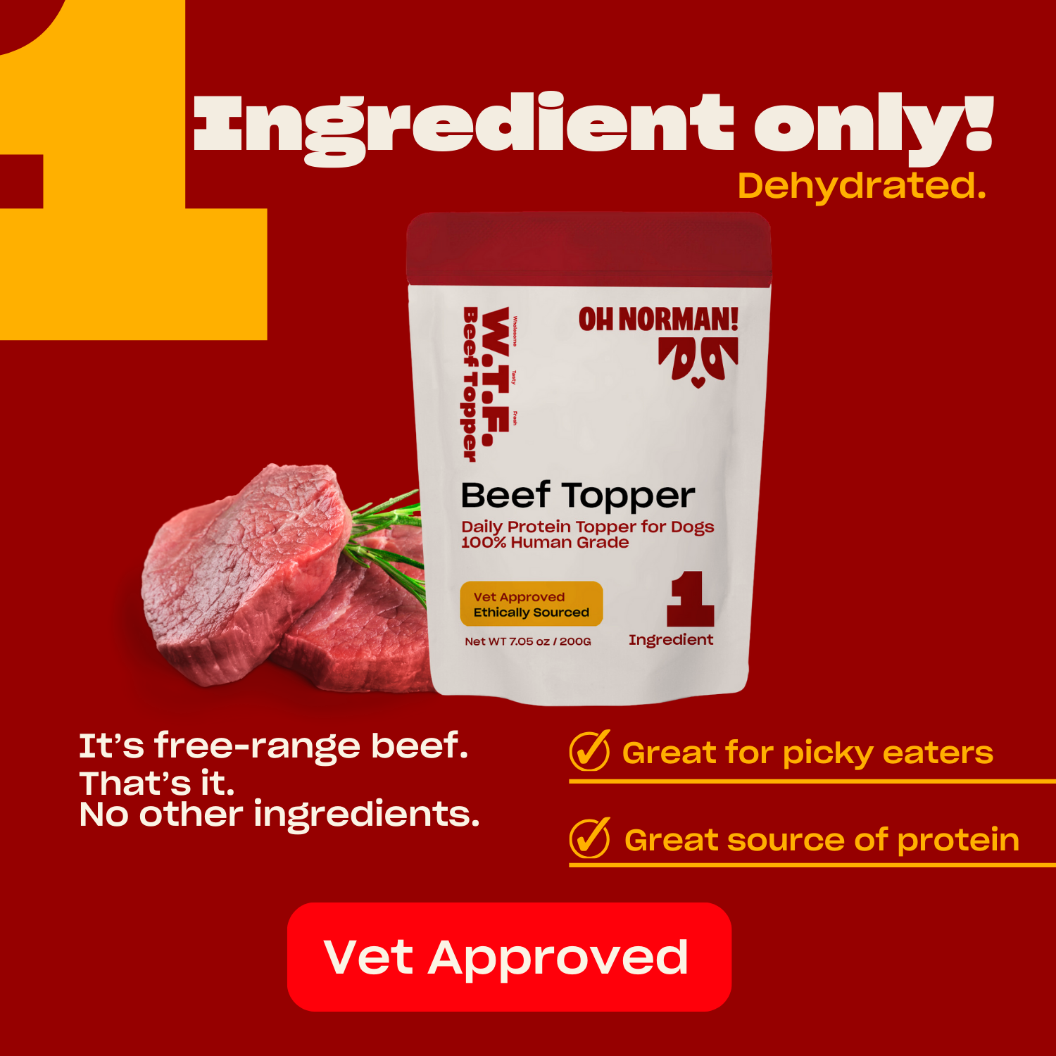 Promotional graphic showing single-ingredient dehydrated Beef Topper for dogs, free-range beef, vet approved, great for picky eaters