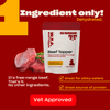 Promotional graphic showing single-ingredient dehydrated Beef Topper for dogs, free-range beef, vet approved, great for picky eaters