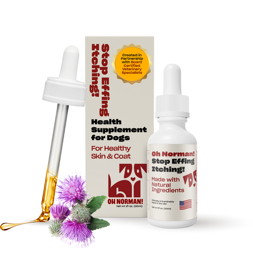 Front view of Oh Norman Stop Effing Itching! dog supplement bottle and box with dropper, thistle flowers, and oil droplet